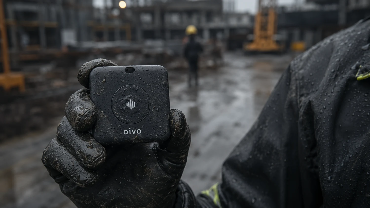 Oivo holdes i en tilsmusset hanske p&aring; en byggeplass.